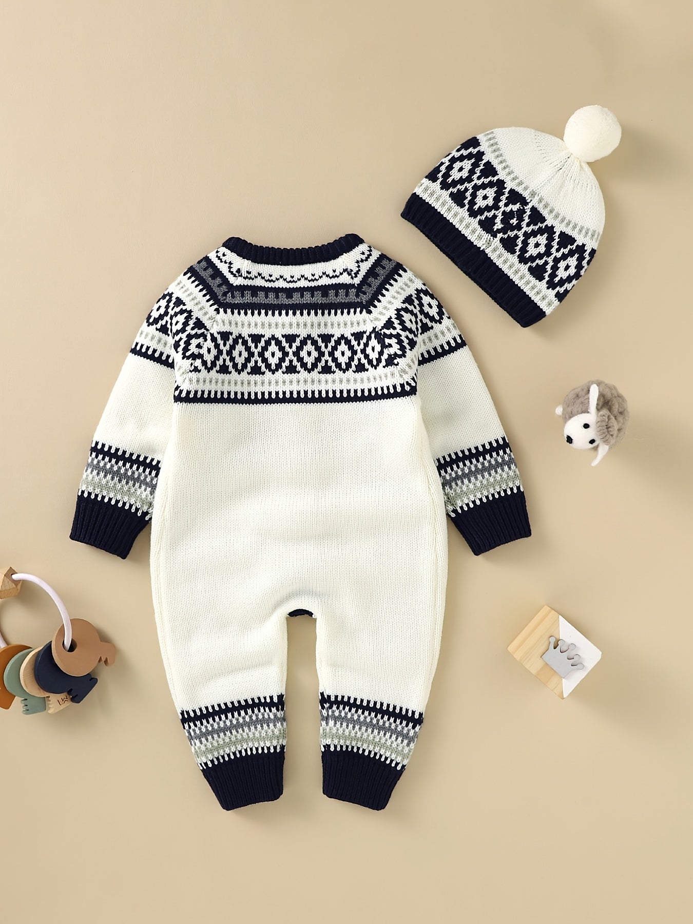 Newborn Infant Geometric Pattern Sweater Romper Long Sleeve Button Jumpsuit & Hat For Toddler Baby Boys And Girls, Suitable For Indoor And Outdoor Wear -