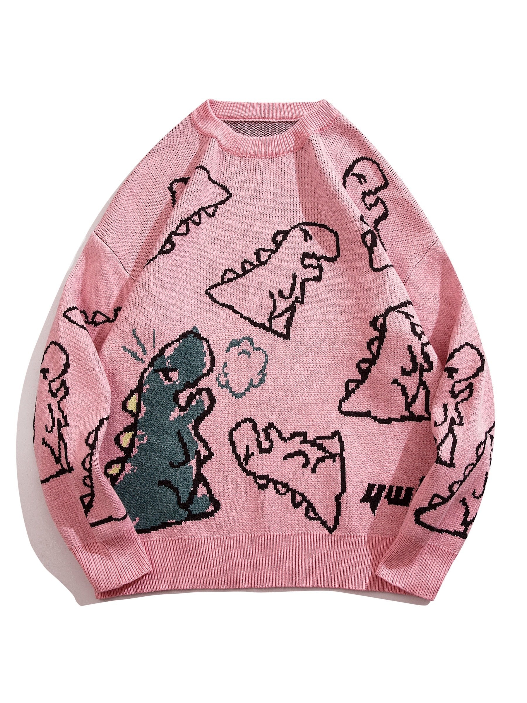 YWFG Unisex Casual Loose Fit Sweater - Black with Blue Dinosaur & Cloud Design, Long Sleeve Round Neck Pullover for Men & Women, Cozy Fall/Winter Knitwear, Dinosaur Clothes, Fall Winter Apparel, Playful Graphic Design, Comfor -