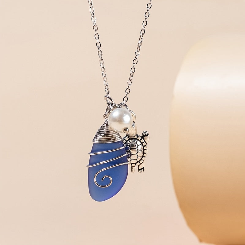 Sea Glass Pendant Necklace Marine Elements Shape Pendant Adjustable Neck Jewelry Summer Beach Style Clothings Accessories -