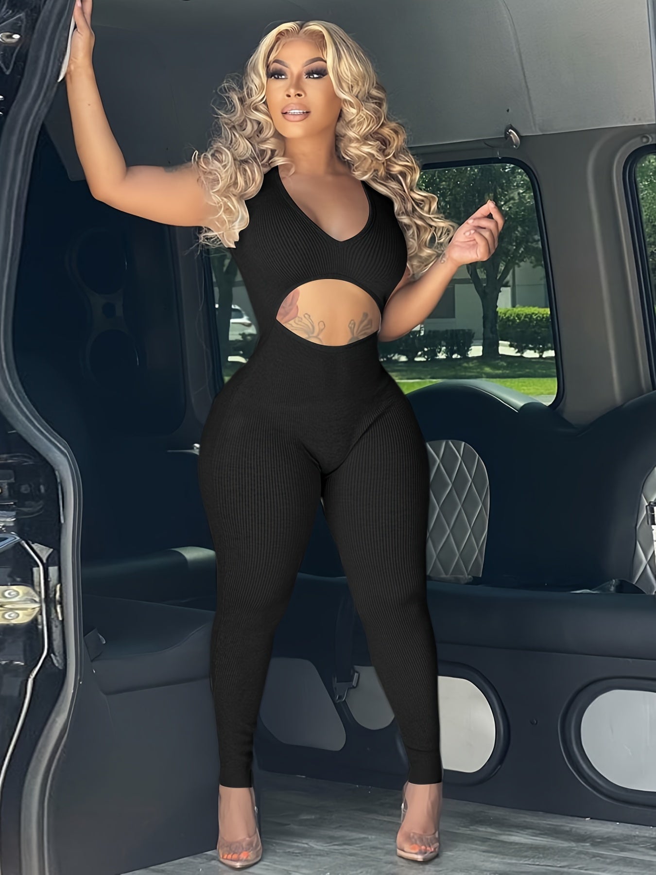 Cut Out Sleeveless Jumpsuit, Sexy Solid Bodycon Jumpsuit, Women's Clothing -