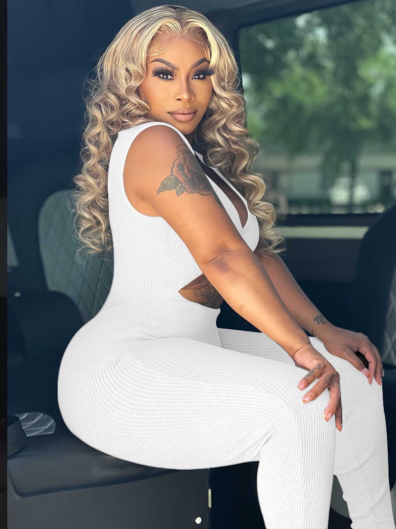 Cut Out Sleeveless Jumpsuit, Sexy Solid Bodycon Jumpsuit, Women's Clothing -