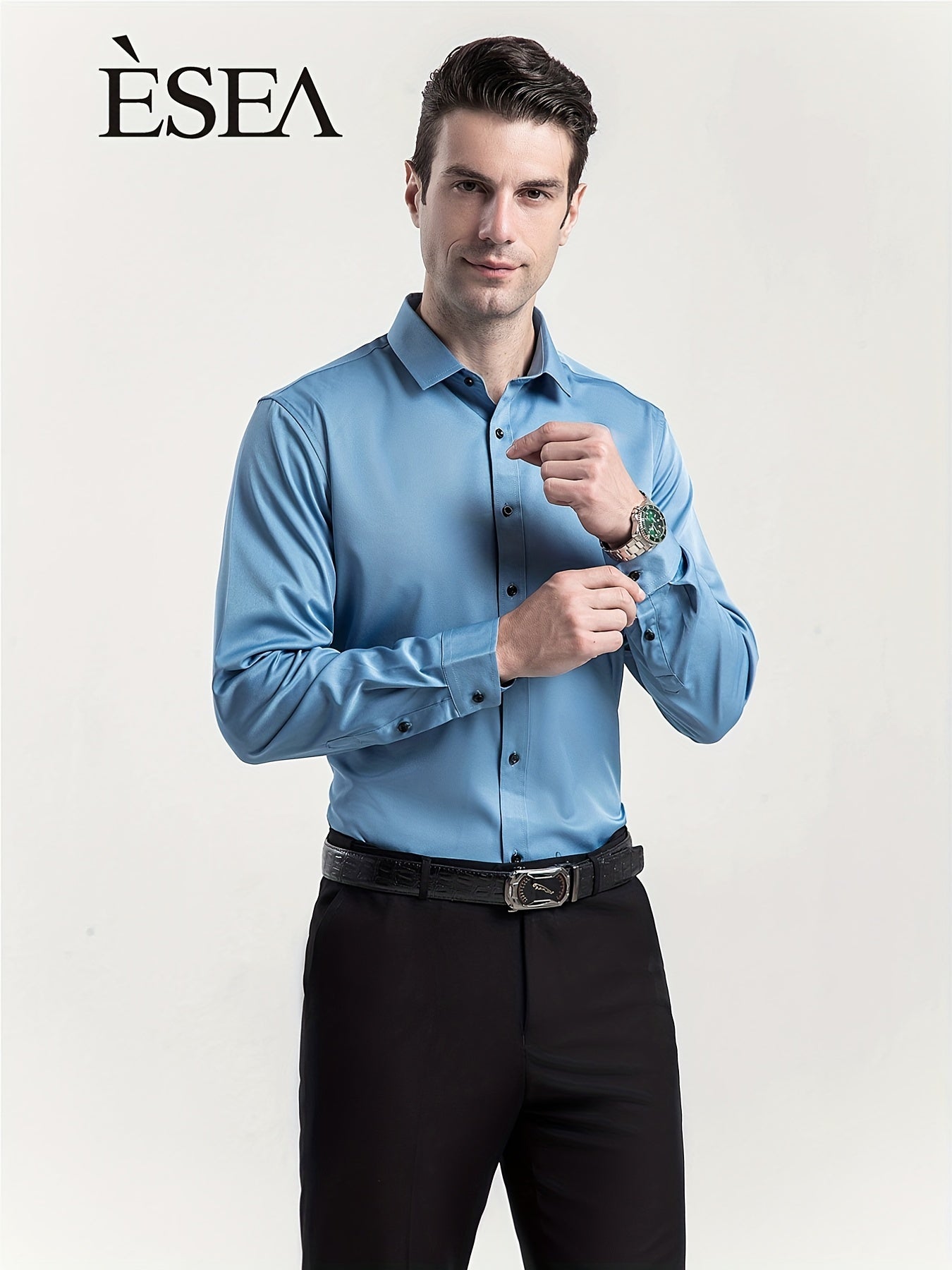 Men'S Slim-Fit Stretch Formal Shirt, Light Business Lapel Long Sleeve Shirt, Men'S Business Shirt Wrinkle-Resistant and Durable Solid Color Formal Long Sleeve Shirt with Buttons and Pockets Suitable for Work, Commuting, Datin -