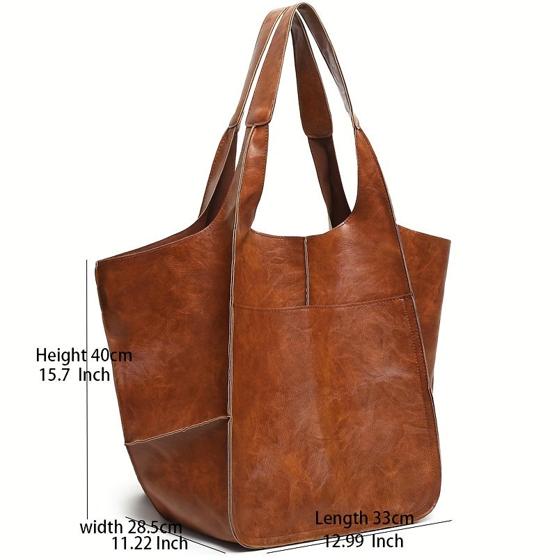 Large Capacity Retro PU Tote Bag For Women - Spacious & Stylish Handbag With Handy Front Pocket For Work, Travel & Everyday Chic -