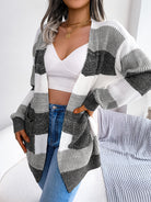 Striped Colorblock V-neck Cardigans, Casual Loose Drop Shoulder Long Sleeve Fall Winter Knit Cardigan, Women's Clothing -