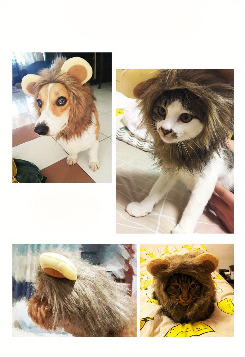 1pc Adjustable Lion Mane Wig Cap for Puppies & Kittens - Cozy Polyester Pet Headgear with Ears - Ideal for Autumn & Winter Photo Shoots, Christmas & New Year Decorations - For Pet Owners - Fun & Festive Pet Accessory - Perfec -