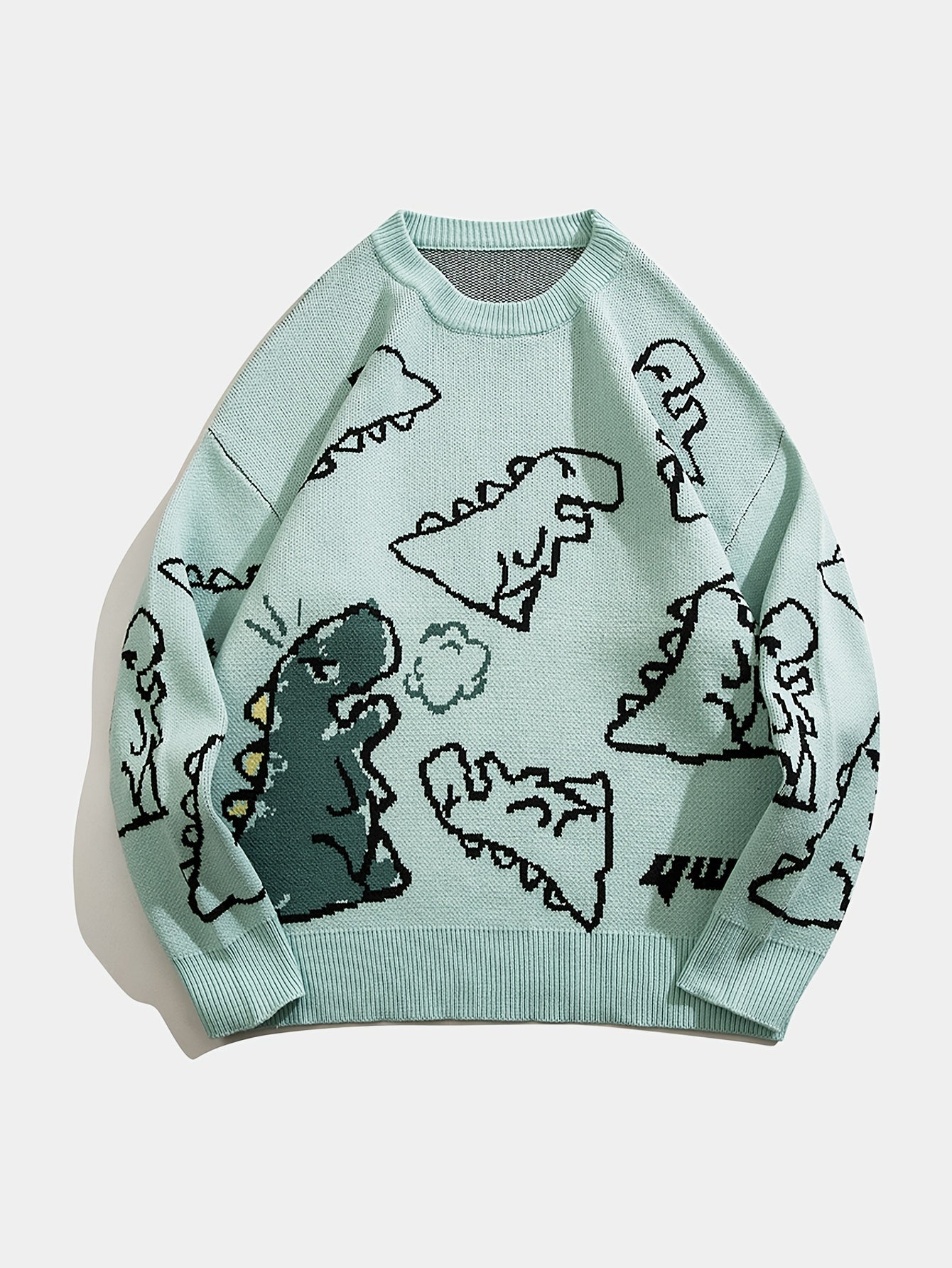 YWFG Unisex Casual Loose Fit Sweater - Black with Blue Dinosaur & Cloud Design, Long Sleeve Round Neck Pullover for Men & Women, Cozy Fall/Winter Knitwear, Dinosaur Clothes, Fall Winter Apparel, Playful Graphic Design, Comfor -