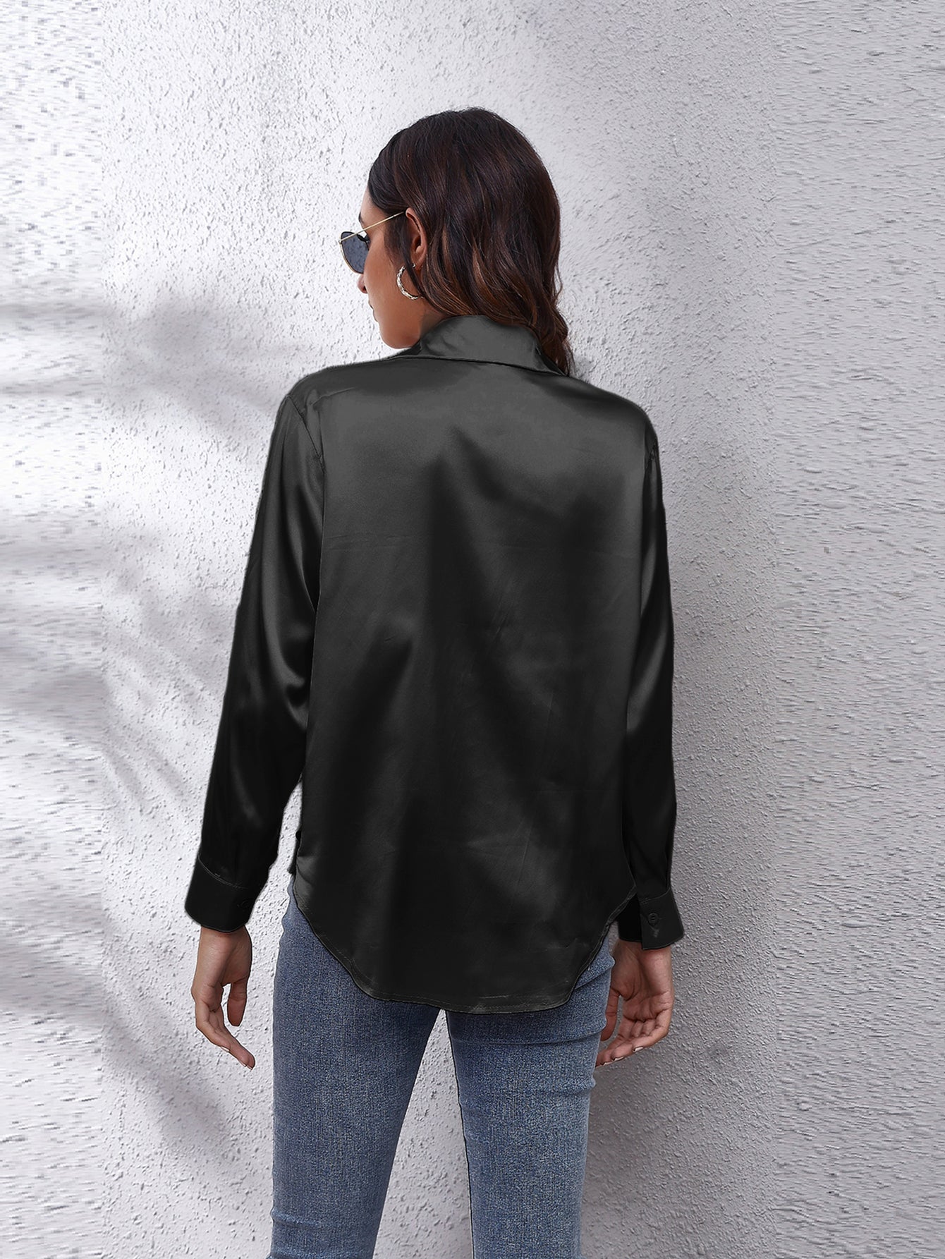 Elegant Satin-Finish Long Sleeve Blouse for Women - Chic Solid Color, Non-Stretch Fabric, Perfect for Spring/Fall, Ideal for Formal Occasions, Ladies Blouses -