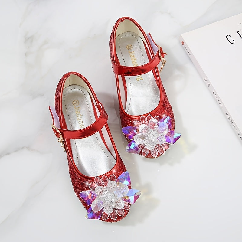 Girls' Elsa Princess High Heel Pumps - Sparkling Glitter Block Heel Shoes with Floral Embellishments, Lightweight Faux Cover for Spring & Fall, Weddings, Parties, Casual Wear, Shoes for Girls, Wedding Guest Shoes, Elegant Sho -