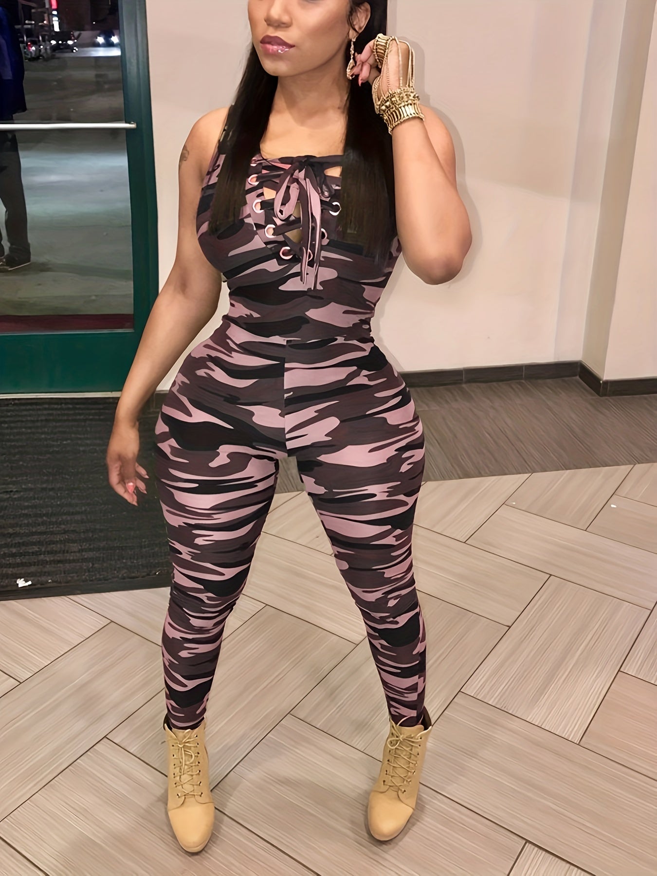 Sleeveless Leopard Print Sexy Jumpsuit, Skinny Camouflage Knitted Jumpsuit, Women's Clothing -