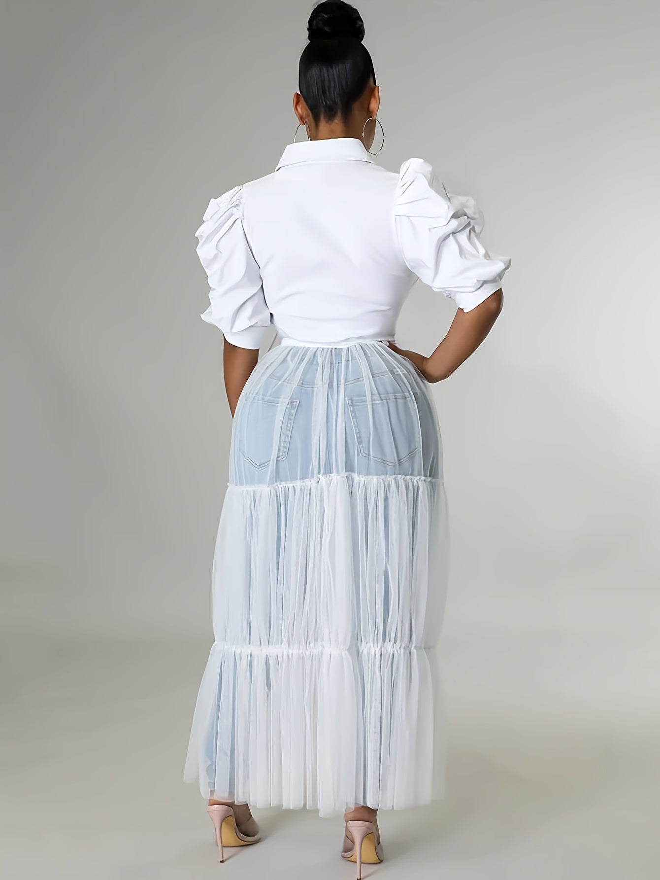 Shirt Top Stitching Mesh Dress, Sexy Short Sleeve Turn Down Collar Tie Waist Dress, Women's Clothing -
