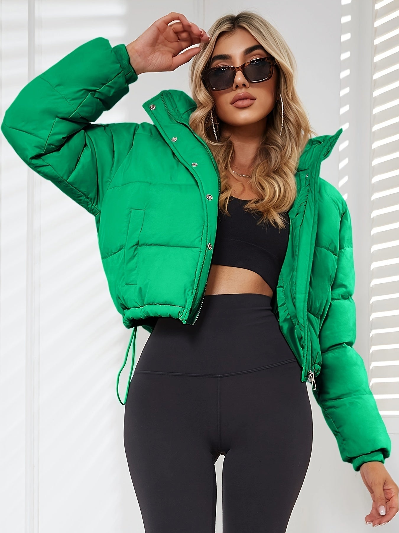 Women's Stylish Black Hooded Puffer Jacket - Casual Short Warm Outerwear with Drawstring Design, Long Sleeves, and Button-Up Front for Winter Comfort, Winter Jacket -