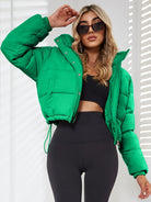 Women's Stylish Black Hooded Puffer Jacket - Casual Short Warm Outerwear with Drawstring Design, Long Sleeves, and Button-Up Front for Winter Comfort, Winter Jacket -