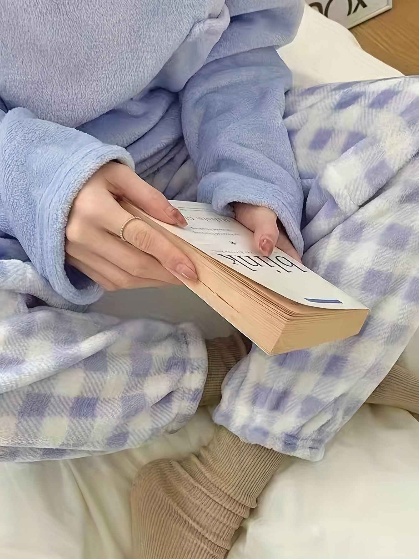 Winter Warm Velvet Pajama Set, Plaid Pattern Pajama, Solid Color Casual Home Wear Set -