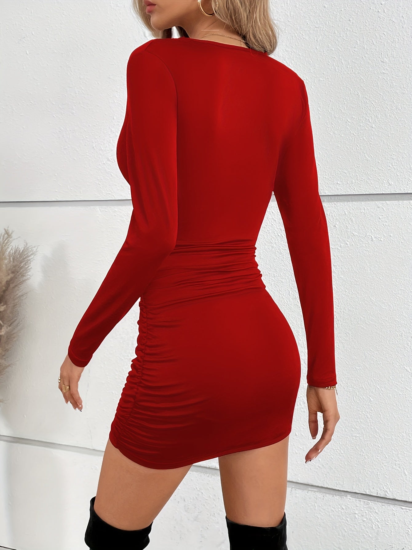 Ladies Sexy Ruched Ruffle Skinny Dresses, Sexy Solid Stretchy Long Sleeve V Neck Dresses, Women's Clothing -