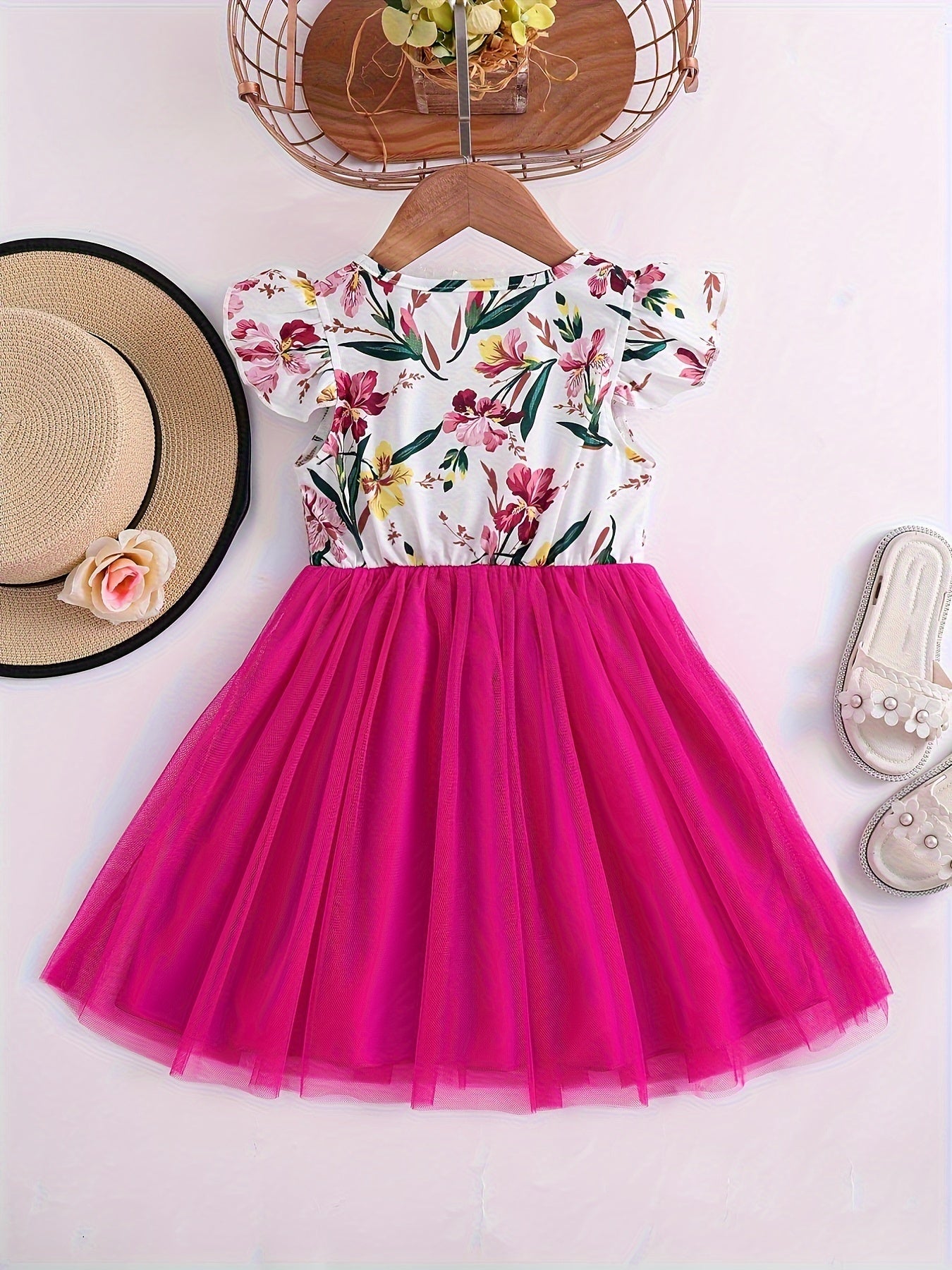 Girls' Floral dress - Floral print party & Everyday summer dress, Pastel pink Floral skirts, Machine Washable Girls' Clothing for Birthdays, Garden Parties, Family Outings - HWMFSNHFZ, Round Neckline Top, Nontransparent Fabri -