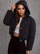 Women's Stylish Black Hooded Puffer Jacket - Casual Short Warm Outerwear with Drawstring Design, Long Sleeves, and Button-Up Front for Winter Comfort, Winter Jacket -