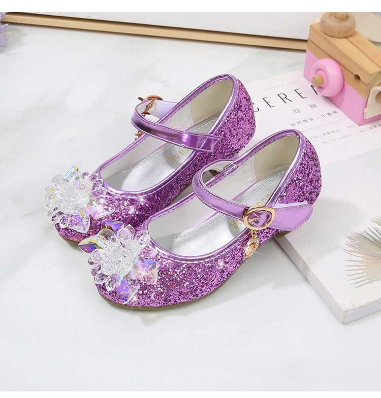 Girls' Elsa Princess High Heel Pumps - Sparkling Glitter Block Heel Shoes with Floral Embellishments, Lightweight Faux Cover for Spring & Fall, Weddings, Parties, Casual Wear, Shoes for Girls, Wedding Guest Shoes, Elegant Sho -