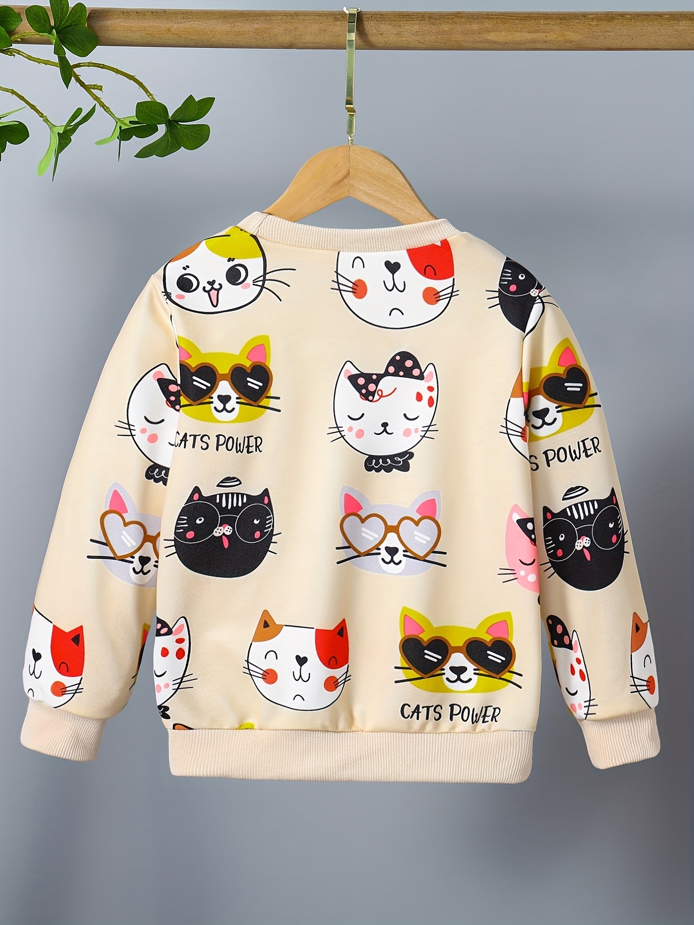 HWMFSNHFZ Girls' Lightweight Long Sleeve Cartoon Cat Print Sweatshirt - Soft Pink Crew Neck Casual Pullover for Spring & Fall, All-Season Comfort, Cute Sweaters -