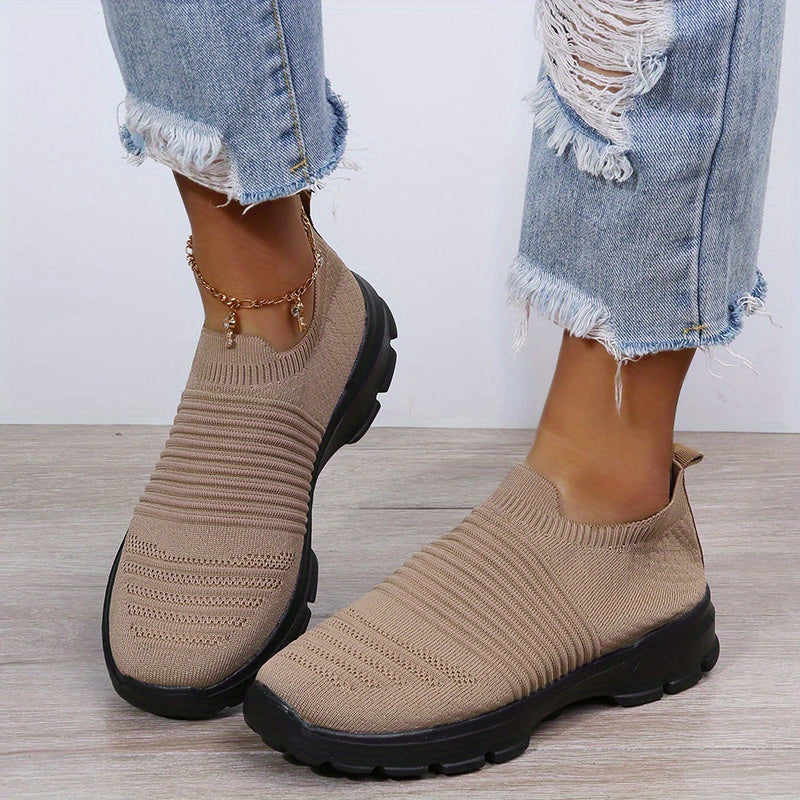 Women's Knit Soft Sole Breathable Mesh Sneakers, Solid Color Slip On Shoes, Women's Footwear -