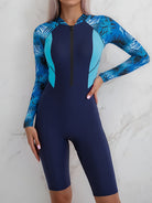 Colorblock Long Sleeves One-Piece Swimsuit Women, Zip Front Rash Guard Round Neck Tummy Control Bathing Suit, Women's Swimwear & Clothing -
