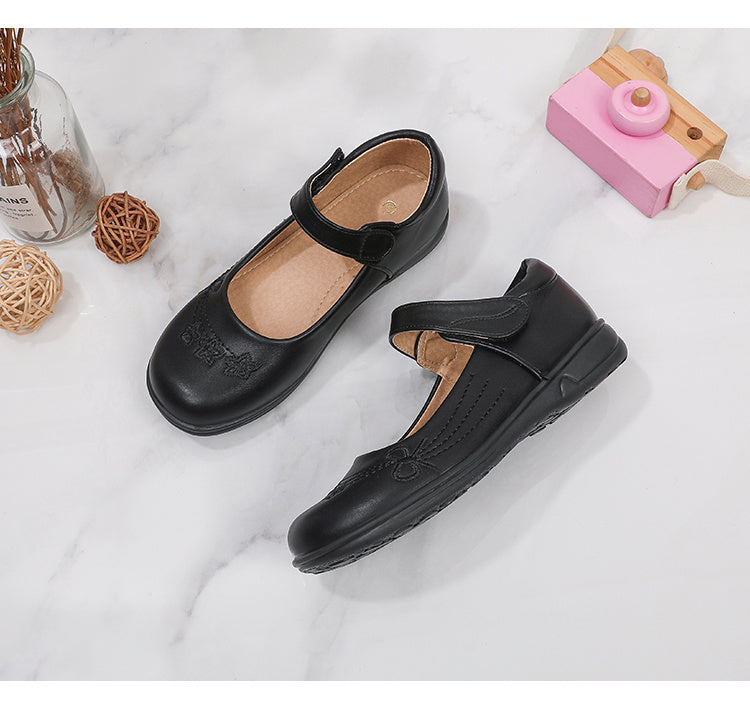 [School Essential] Girls' Black Mary Jane Flats with Bow Detail - Non-Slip, Comfortable PU Insole, Round Toe Casual & Performance Shoes for Students, Perfect for Spring/Autumn, Casual Youngsters Shoes|Strap Adornment Footwear -