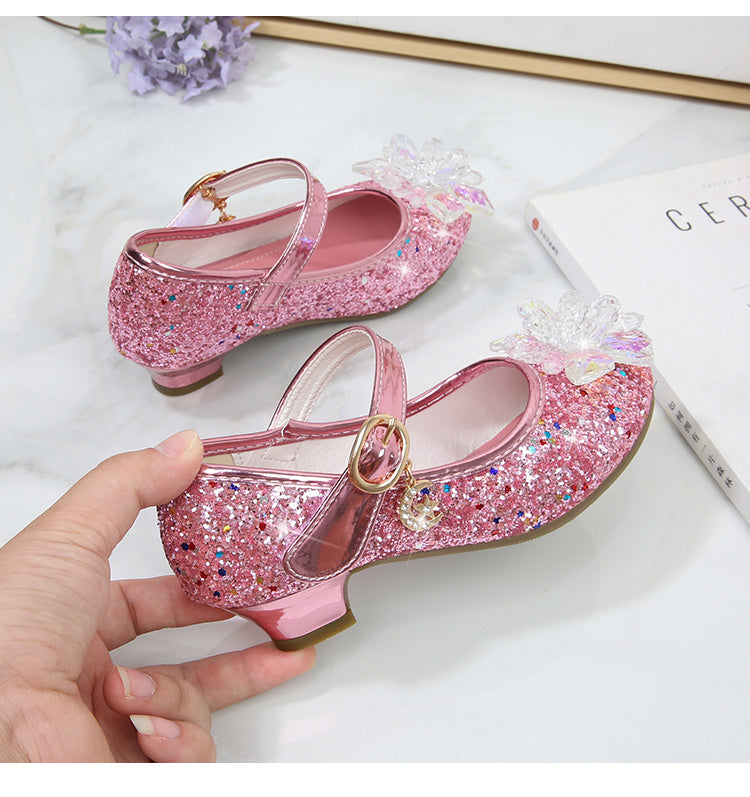 Girls' Elsa Princess High Heel Pumps - Sparkling Glitter Block Heel Shoes with Floral Embellishments, Lightweight Faux Cover for Spring & Fall, Weddings, Parties, Casual Wear, Shoes for Girls, Wedding Guest Shoes, Elegant Sho -