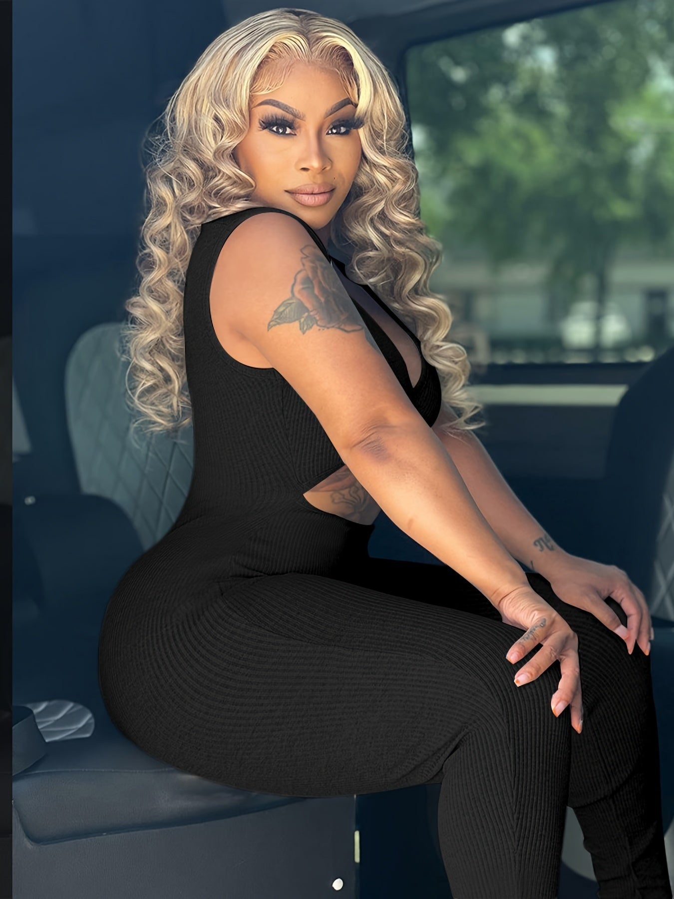 Cut Out Sleeveless Jumpsuit, Sexy Solid Bodycon Jumpsuit, Women's Clothing -
