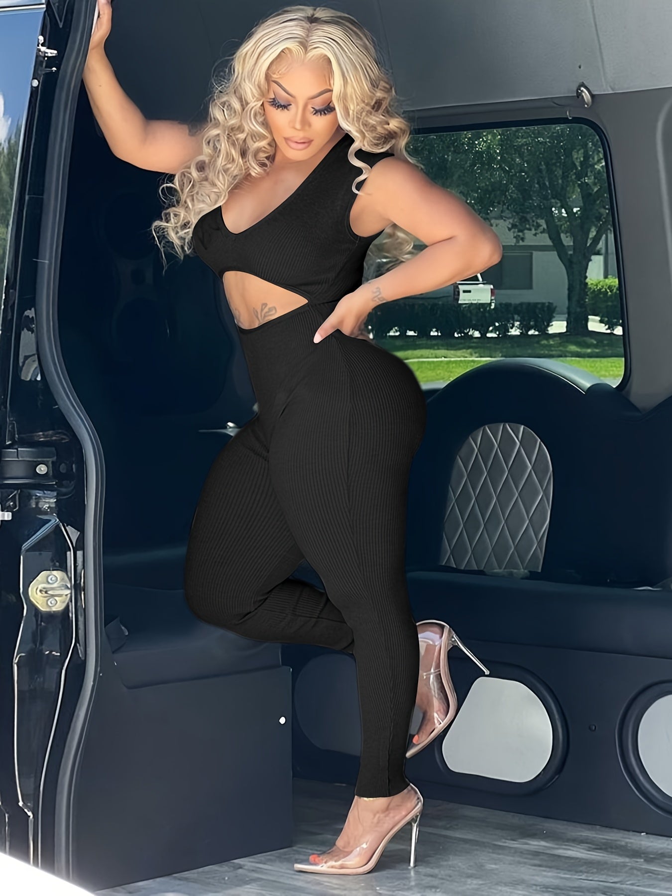 Cut Out Sleeveless Jumpsuit, Sexy Solid Bodycon Jumpsuit, Women's Clothing -