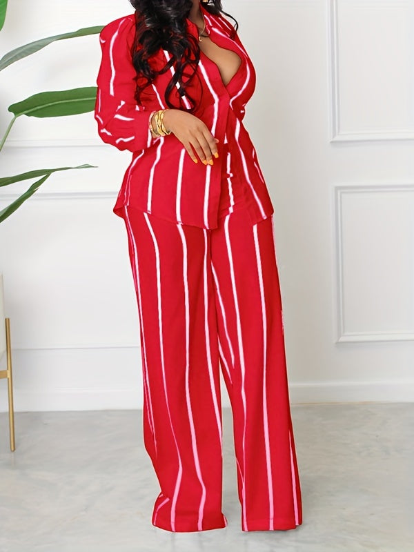 [Two-piece Set Long Sleeve Shirt] Striped Print Two-piece Set, Button Front Collar Long Sleeve Shirt & High Waist Wide Leg Loose Pants Set, Women's Clothing -