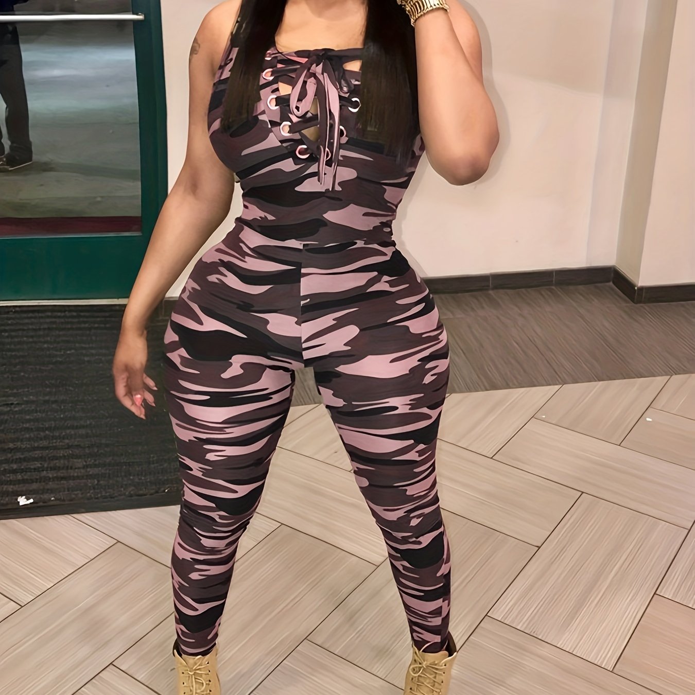 Sleeveless Leopard Print Sexy Jumpsuit, Skinny Camouflage Knitted Jumpsuit, Women's Clothing -