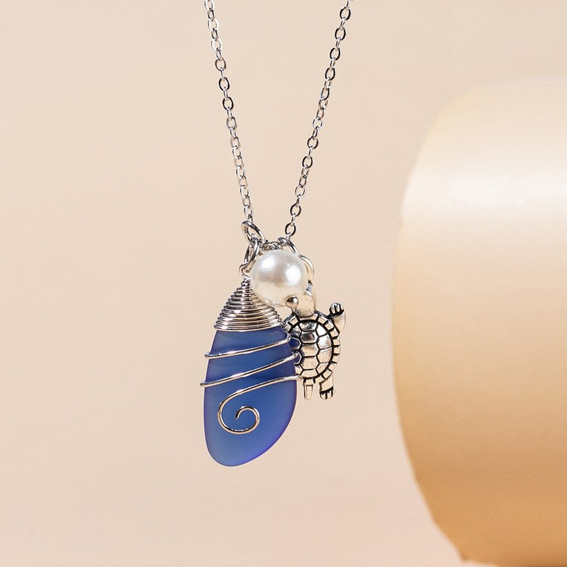 Sea Glass Pendant Necklace Marine Elements Shape Pendant Adjustable Neck Jewelry Summer Beach Style Clothings Accessories -