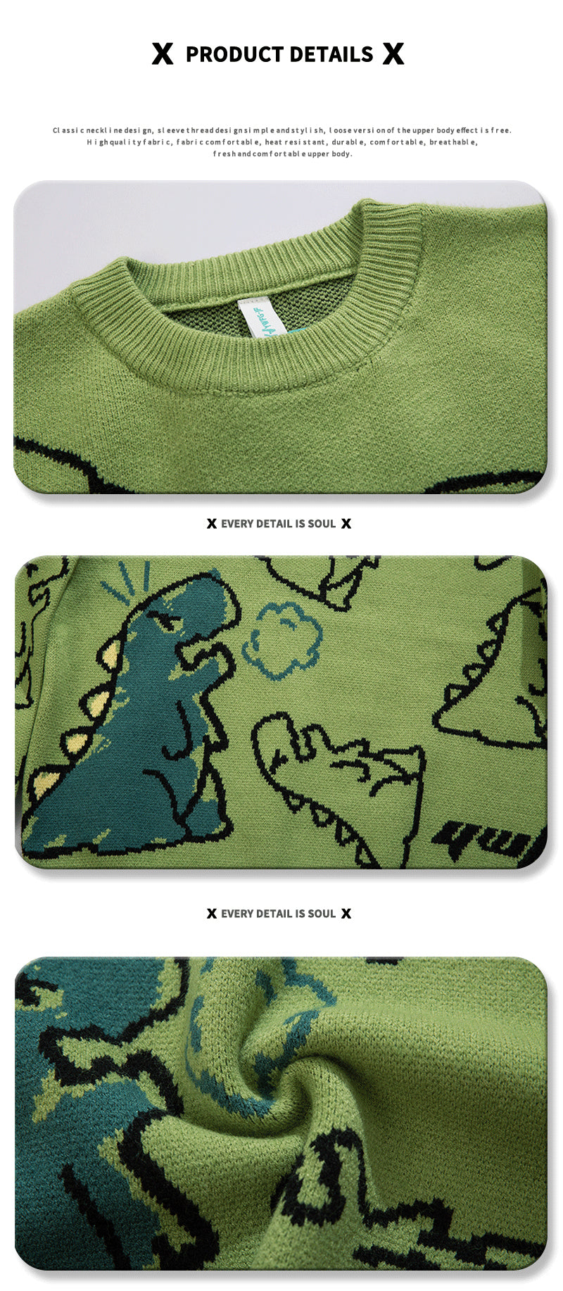 YWFG Unisex Casual Loose Fit Sweater - Black with Blue Dinosaur & Cloud Design, Long Sleeve Round Neck Pullover for Men & Women, Cozy Fall/Winter Knitwear, Dinosaur Clothes, Fall Winter Apparel, Playful Graphic Design, Comfor -