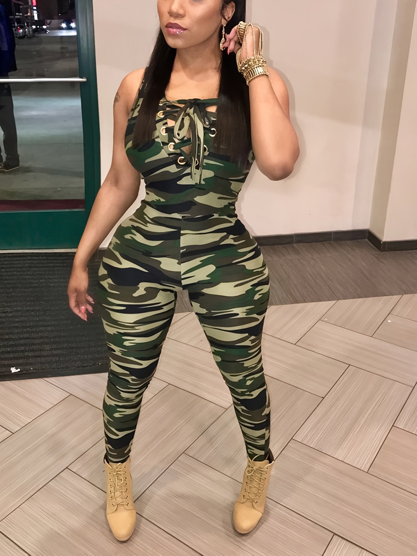 Sleeveless Leopard Print Sexy Jumpsuit, Skinny Camouflage Knitted Jumpsuit, Women's Clothing -