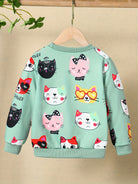 HWMFSNHFZ Girls' Lightweight Long Sleeve Cartoon Cat Print Sweatshirt - Soft Pink Crew Neck Casual Pullover for Spring & Fall, All-Season Comfort, Cute Sweaters -