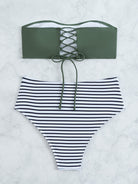 Striped Print Bandeau Two Piece Swimsuit, Army Green Strapless Tube Top, High Rise Black & White Striped Bottom Bikini Sets, Women's Swimwear & Clothing -