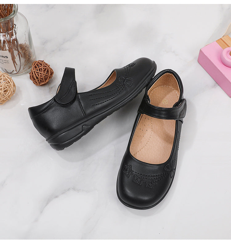 [School Essential] Girls' Black Mary Jane Flats with Bow Detail - Non-Slip, Comfortable PU Insole, Round Toe Casual & Performance Shoes for Students, Perfect for Spring/Autumn, Casual Youngsters Shoes|Strap Adornment Footwear -