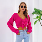 Sexy Bowknot V Neck Crop Sweater, Casual Lantern Long Sleeve Loose Fall Winter Knit Sweater, Women's Clothing -