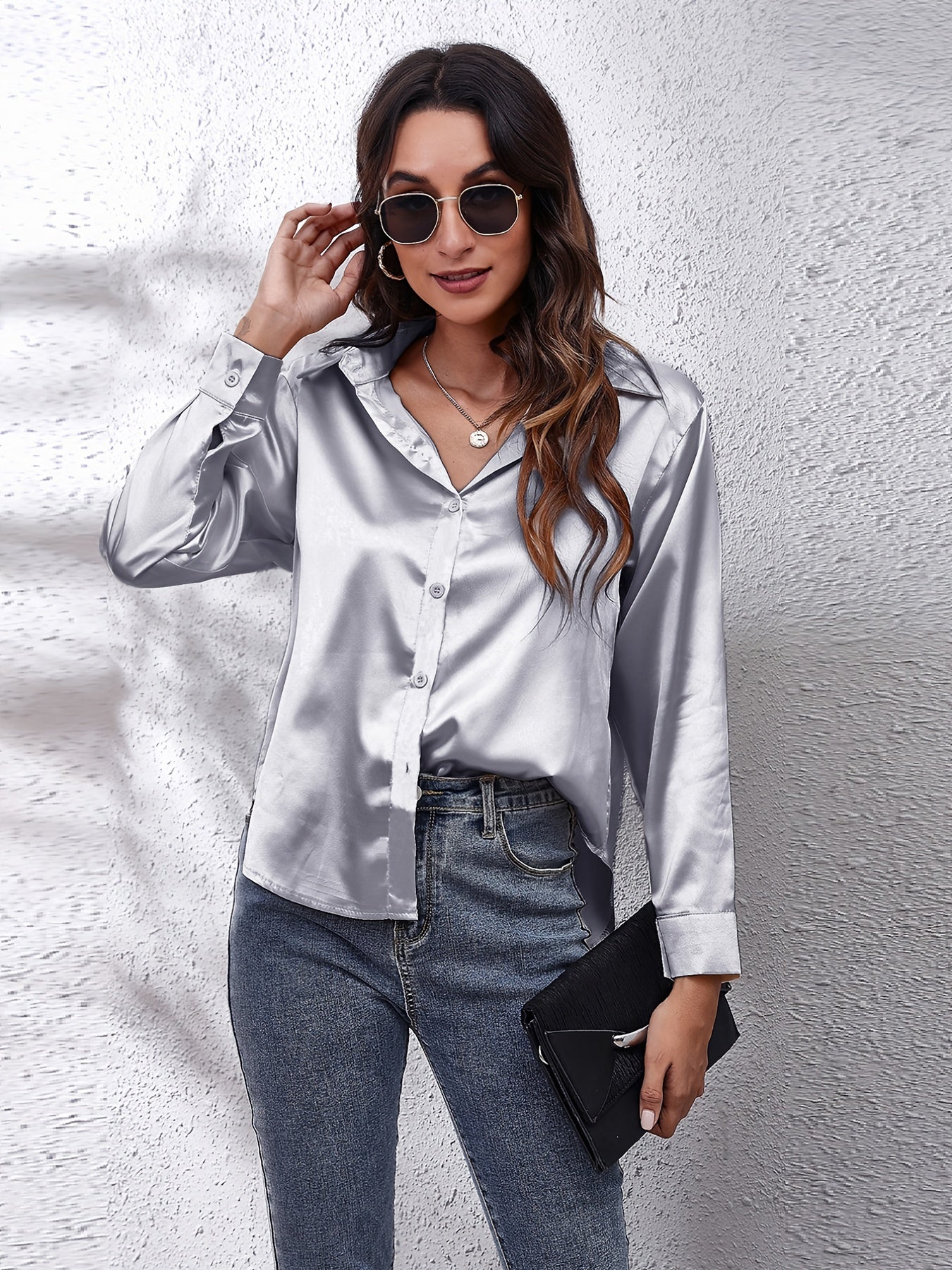 Elegant Satin-Finish Long Sleeve Blouse for Women - Chic Solid Color, Non-Stretch Fabric, Perfect for Spring/Fall, Ideal for Formal Occasions, Ladies Blouses -