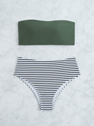 Striped Print Bandeau Two Piece Swimsuit, Army Green Strapless Tube Top, High Rise Black & White Striped Bottom Bikini Sets, Women's Swimwear & Clothing -