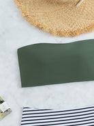Striped Print Bandeau Two Piece Swimsuit, Army Green Strapless Tube Top, High Rise Black & White Striped Bottom Bikini Sets, Women's Swimwear & Clothing -