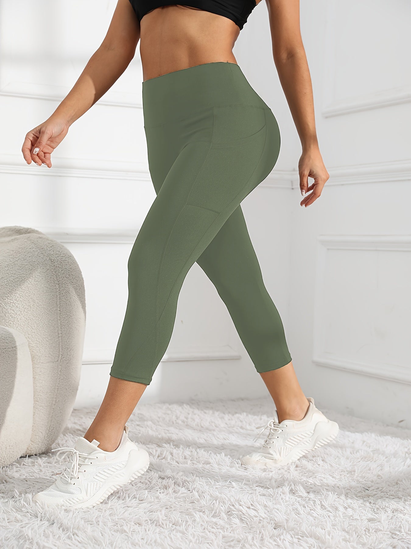 Women's High-Waisted 7/8 Length Leg Workout Leggings - Full-Length Leg Muscle-Building Gym Pants with Pockets, Solid Green Yoga Pants for Cycling, Pilates, Training | All-Season Fitness Pants with 7/8th Leg Coverage, Smooth T -