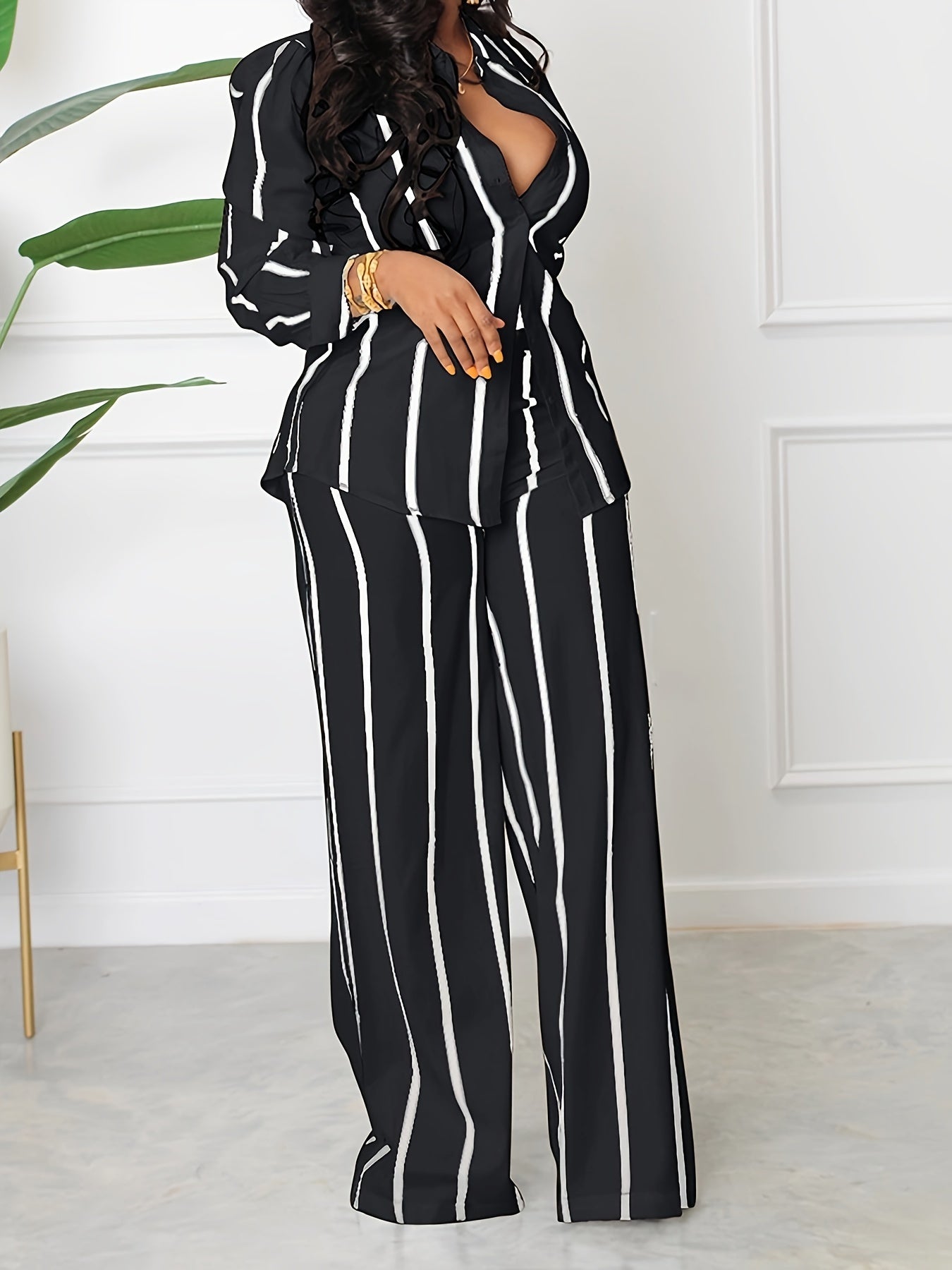 [Two-piece Set Long Sleeve Shirt] Striped Print Two-piece Set, Button Front Collar Long Sleeve Shirt & High Waist Wide Leg Loose Pants Set, Women's Clothing -