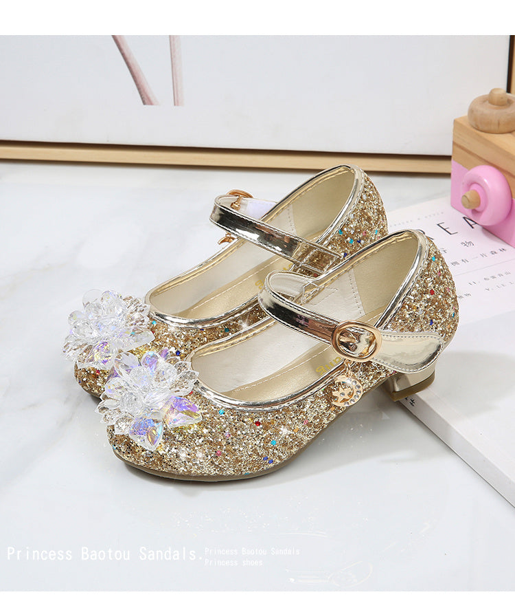 Girls' Elsa Princess High Heel Pumps - Sparkling Glitter Block Heel Shoes with Floral Embellishments, Lightweight Faux Cover for Spring & Fall, Weddings, Parties, Casual Wear, Shoes for Girls, Wedding Guest Shoes, Elegant Sho -