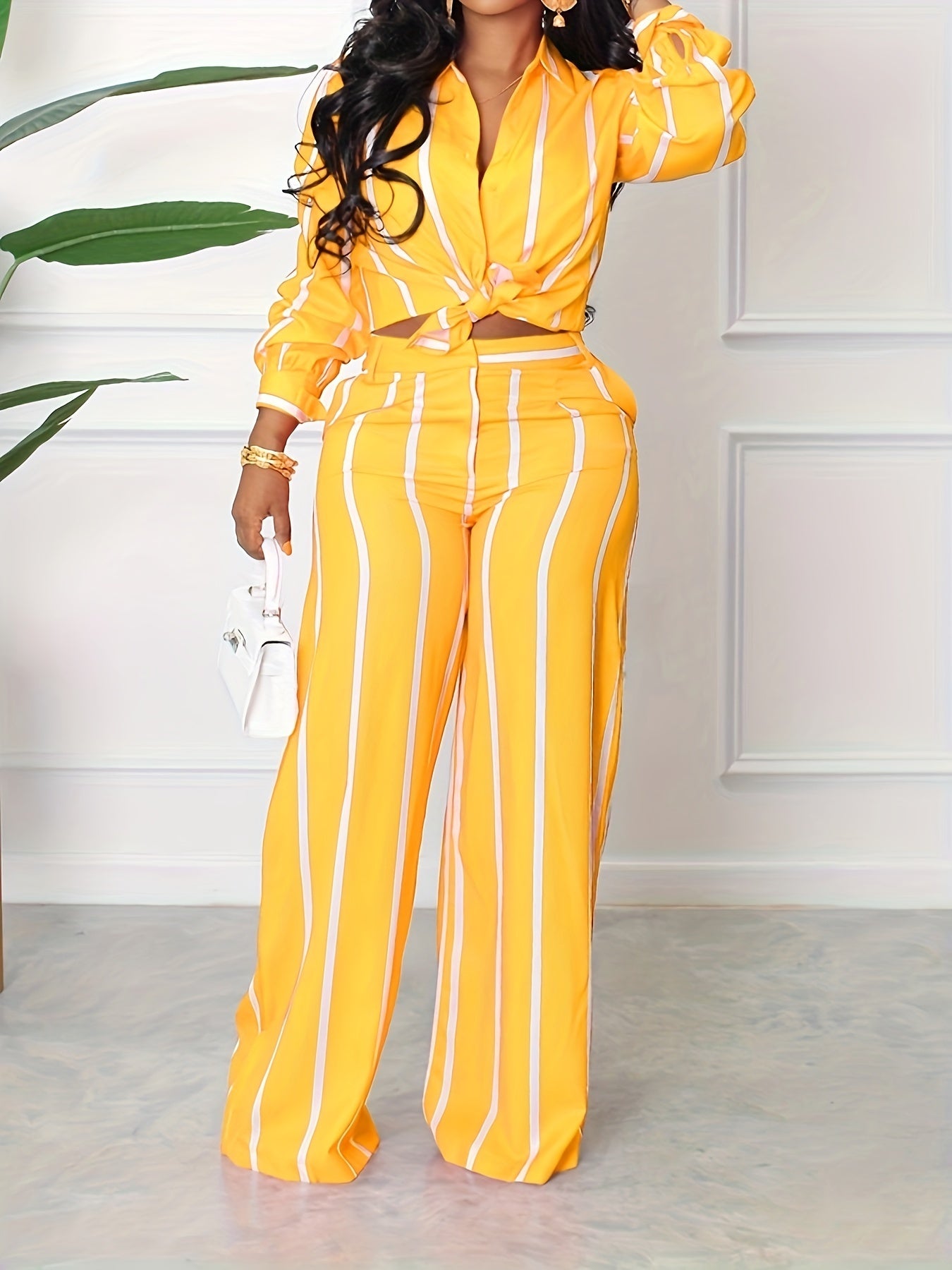 [Two-piece Set Long Sleeve Shirt] Striped Print Two-piece Set, Button Front Collar Long Sleeve Shirt & High Waist Wide Leg Loose Pants Set, Women's Clothing -