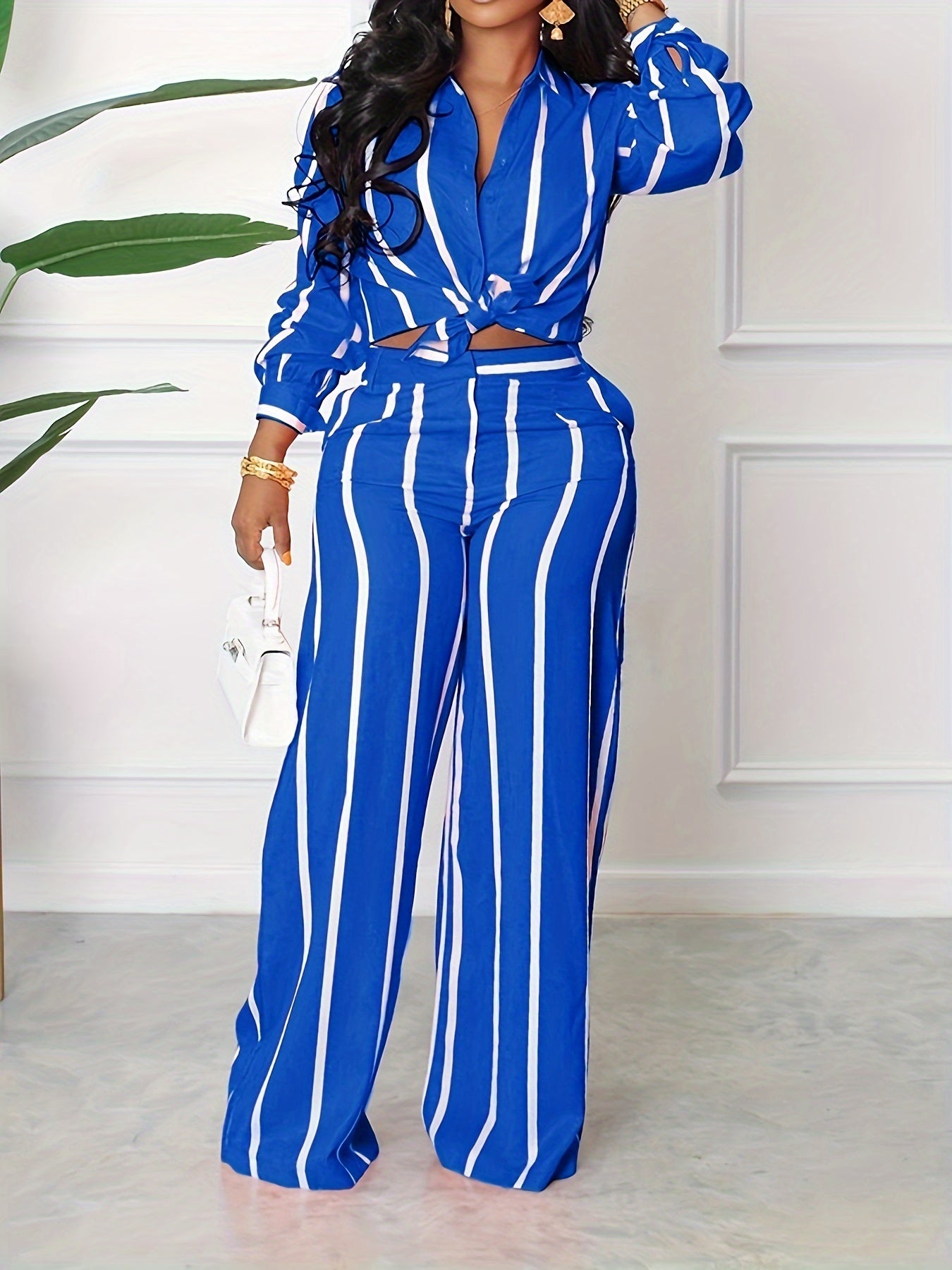 [Two-piece Set Long Sleeve Shirt] Striped Print Two-piece Set, Button Front Collar Long Sleeve Shirt & High Waist Wide Leg Loose Pants Set, Women's Clothing -