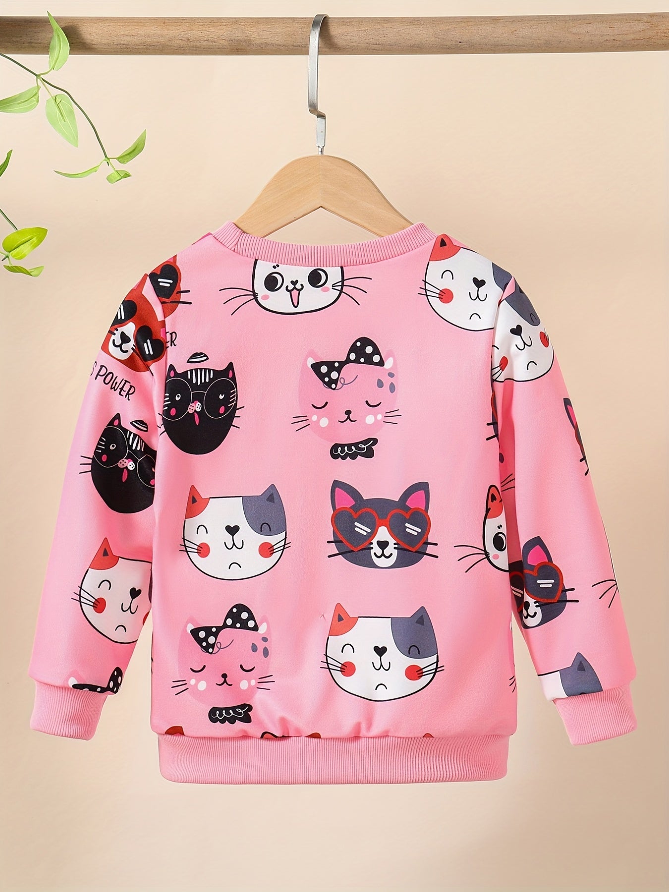 HWMFSNHFZ Girls' Lightweight Long Sleeve Cartoon Cat Print Sweatshirt - Soft Pink Crew Neck Casual Pullover for Spring & Fall, All-Season Comfort, Cute Sweaters -