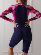 Colorblock Long Sleeves One-Piece Swimsuit Women, Zip Front Rash Guard Round Neck Tummy Control Bathing Suit, Women's Swimwear & Clothing -
