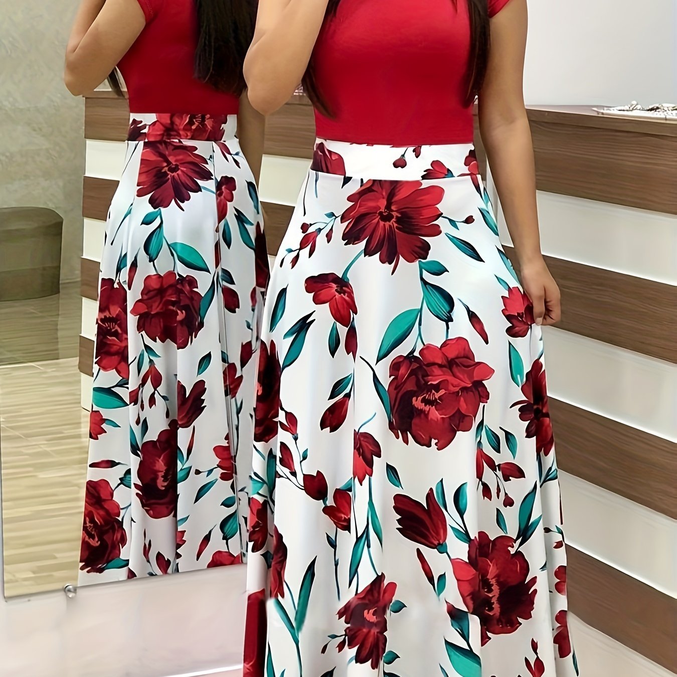 Make a statement with this women's plus-size floral print red colorblock midi dress! -