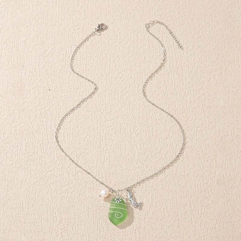 Sea Glass Pendant Necklace Marine Elements Shape Pendant Adjustable Neck Jewelry Summer Beach Style Clothings Accessories -