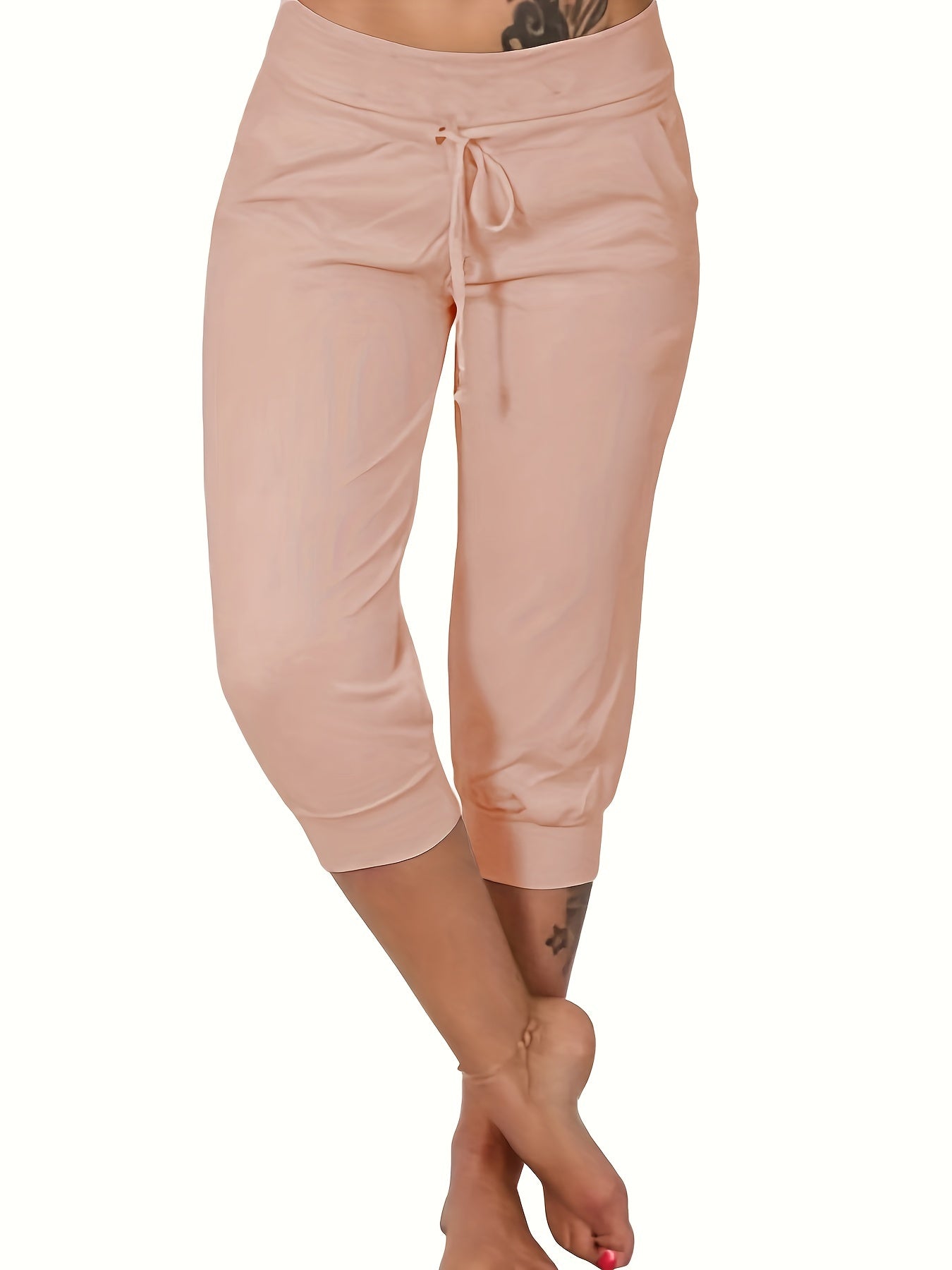 Women'S High-Waist Drawstring Side Pants - Stretchy Polyester Blend, Solid Color Black, Comfortable Casual Style for All Seasons, Everyday Comfort Wear | Highwaist Trousers | Tailored Fit -